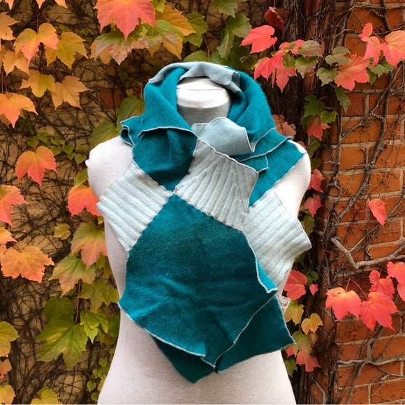 Long Angora Diamond Scarf Upcycled Knit Turquoise Fall Winter One of a Kind - Picture 2 of 4